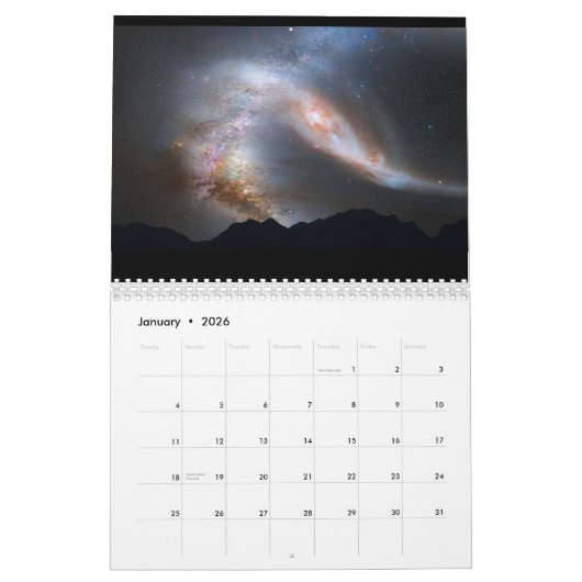 Modern elegant 12 maanden ruimtelandschap voor scr kalender (Jan 2026)