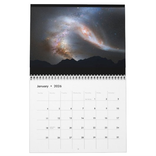 Modern elegant 12 maanden ruimtelandschap voor scr kalender (Jan 2026)
