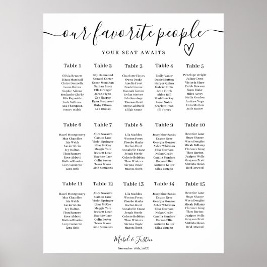 Modern Elegant 15 tables Wedding Seating Chart Poster (Voorkant)