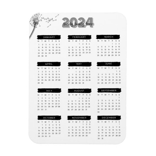 Modern Elegant 2024 Kalender Zwart-wit Magneet (Verticaal)