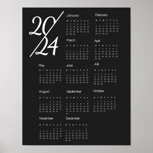 Modern Elegant 2024 Kalender Zwart-wit Poster (Voorkant)