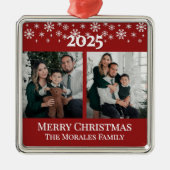 Modern Elegant 2 Photo Red Keepsake Family Metalen Ornament (Voorkant)