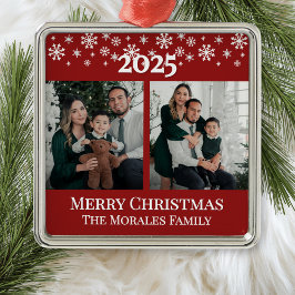 Modern Elegant 2 Photo Red Keepsake Family Metalen Ornament