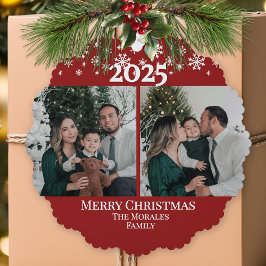 Modern Elegant 2 Photo Red Keepsake Family Ornament Kaart