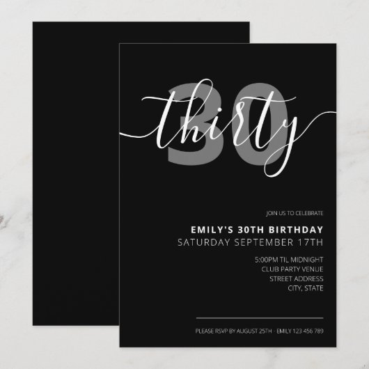 Modern Elegant 30th Birthday Invitation Kaart (Voorkant / Achterkant)