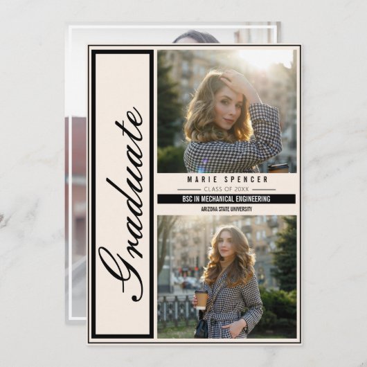 Modern Elegant 3 Fotocollage Beige Afstuderen Aankondiging (Voorkant / Achterkant)