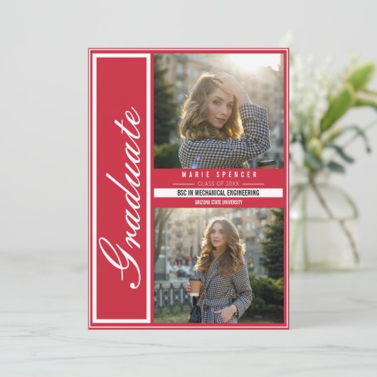 Modern Elegant 3 Fotocollage Rood Afstuderen Aankondiging (Staand voorkant)