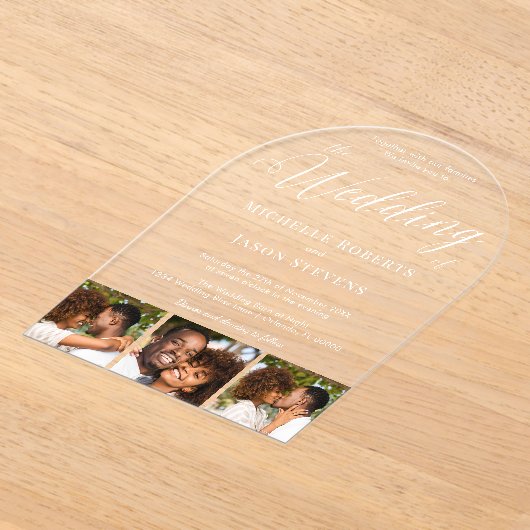Modern Elegant 3 Fotostrip Kalligrafie Trouwen Acryl Uitnodigingen (Laagn)