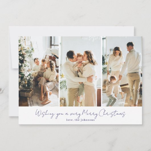 Modern Elegant 3 Photo Navy Blue Script Feestdagenkaart (Voorkant)