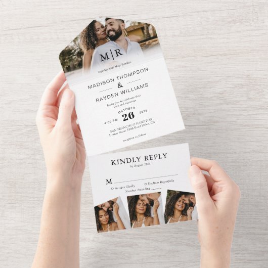 Modern Elegant 4 Foto Classic Wedding All In One Uitnodiging (Afscheurbaar)