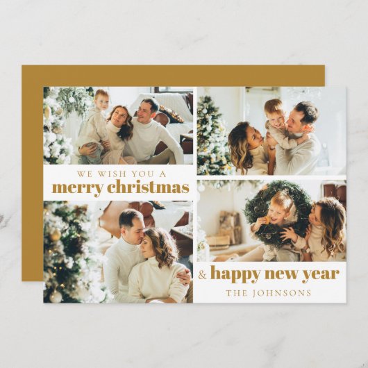 Modern Elegant 4 Foto Kerst Goud Vakantie Kaart (Voorkant / Achterkant)