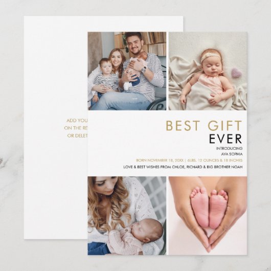 Modern Elegant 4 Fotocollage Gouden Geboorte Aankondiging (Voorkant / Achterkant)