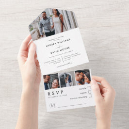 Modern Elegant 4 Photo Collage Minimalist Wedding All In One Uitnodiging