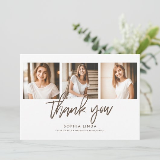 Modern Elegant 4 Photo Collage Script Afstuderen Bedankkaart (Staand voorkant)