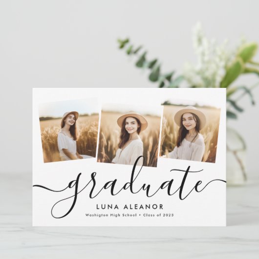 Modern Elegant 4 Photo Collage Script Afstuderen Kaart (Staand voorkant)