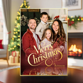 Modern Elegant 4 Photo Minimal Script Christmas Folie Feestdagenkaart