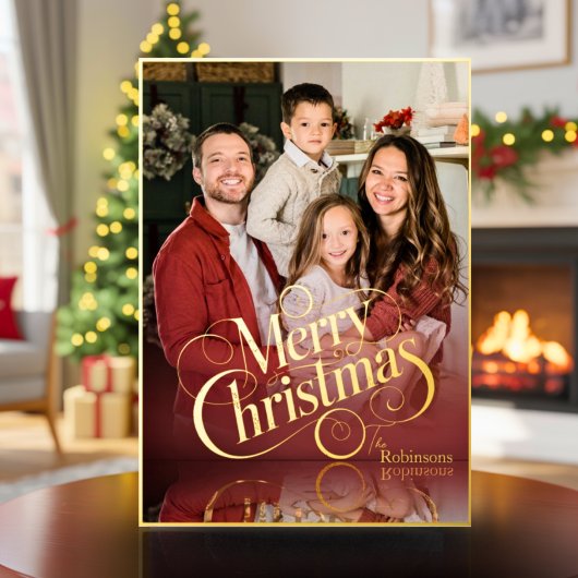 Modern Elegant 4 Photo Minimal Script Christmas Folie Feestdagenkaart