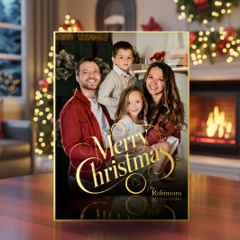 Modern Elegant 4 Photo Minimal Script Christmas Folie Feestdagenkaart