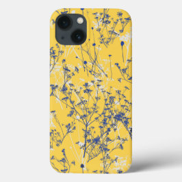 Modern Elegant Abstract Blauw Wildbloemen op Geel iPhone 15 Case