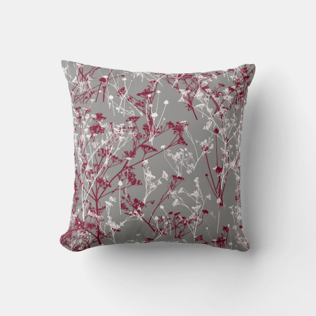 Modern Elegant Abstract grijs Burgundy Floral Kussen (Voorkant)