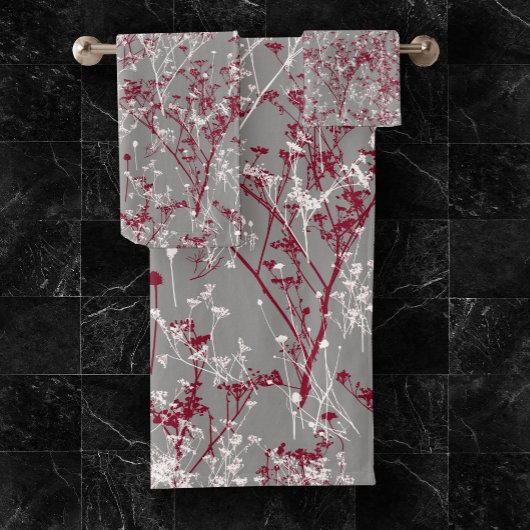 Modern Elegant Abstract Wildbloem Grijze Bourgogne Bad Handdoek
