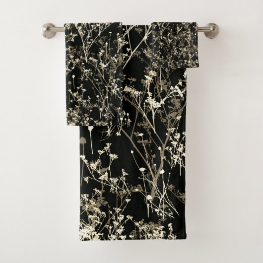Modern Elegant Abstract Wildflower Zwart Beige Bad Handdoek (Insitu)
