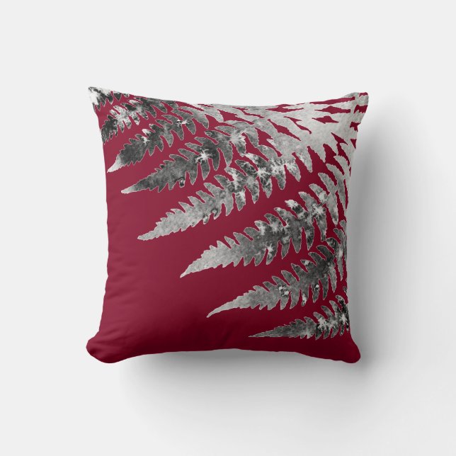 Modern Elegant Abstracte Waterverf Fern Burgundy Kussen (Voorkant)