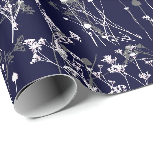 Modern Elegant Abstracte wilde bloemen op Navy Blu Cadeaupapier (Rol Hoek)