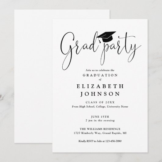 Modern Elegant Afstudeerder Party Script Afstudere Kaart (Voorkant / Achterkant)