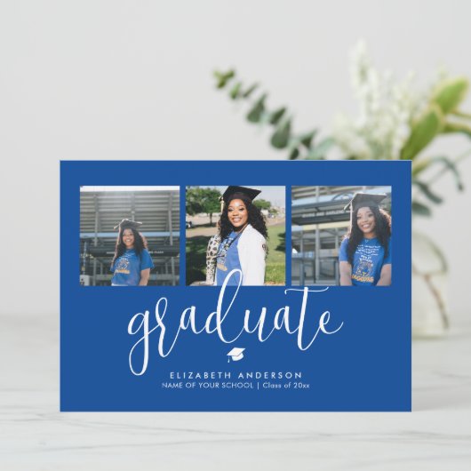 Modern Elegant Afstuderen 3 Foto Collage Afstudere Kaart (Staand voorkant)