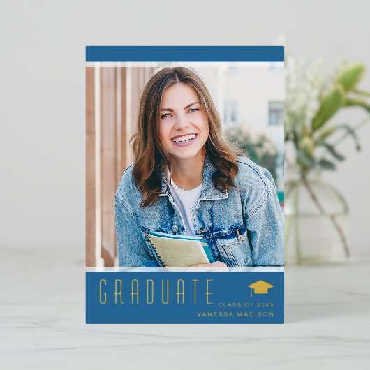 Modern Elegant Afstuderen Blue Photo Folie Kaart (Staand Voorkant)