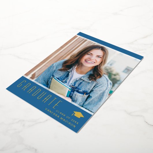 Modern Elegant Afstuderen Blue Photo Folie Kaart (Gedraaid)