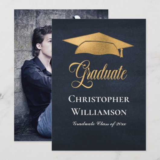 Modern Elegant Afstuderen Foto Goud Pet Aankondiging (Voorkant / Achterkant)