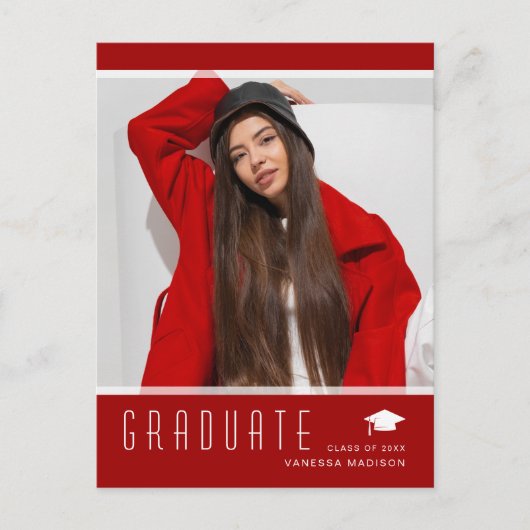 Modern Elegant Afstuderen Foto Rood Aankondiging Briefkaart (Voorkant)