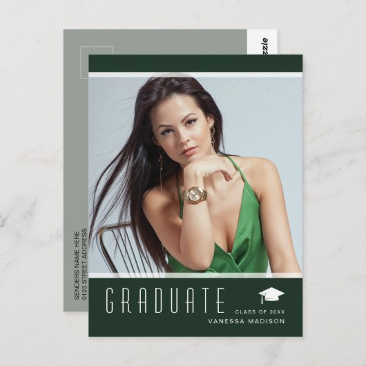 Modern Elegant Afstuderen groene aankondiging foto Briefkaart (Voorkant / Achterkant)