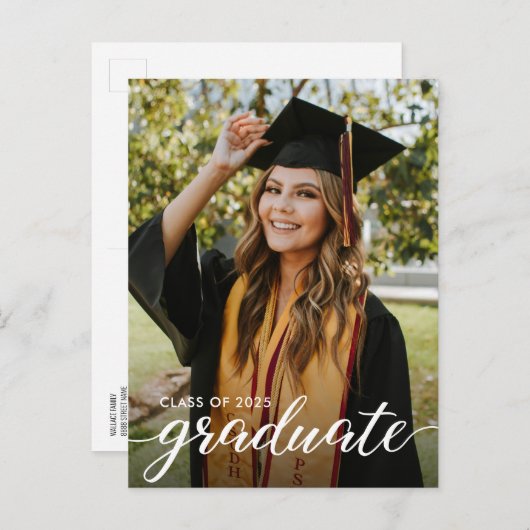 Modern Elegant Afstuderen Script Custom Photo Uitnodiging Briefkaart (Voorkant / Achterkant)