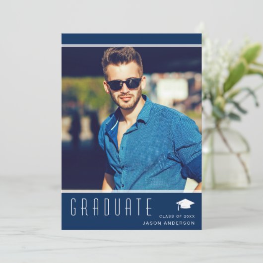 Modern Elegant Afstuderen stijlvol fotoblauw Aankondiging (Staand voorkant)