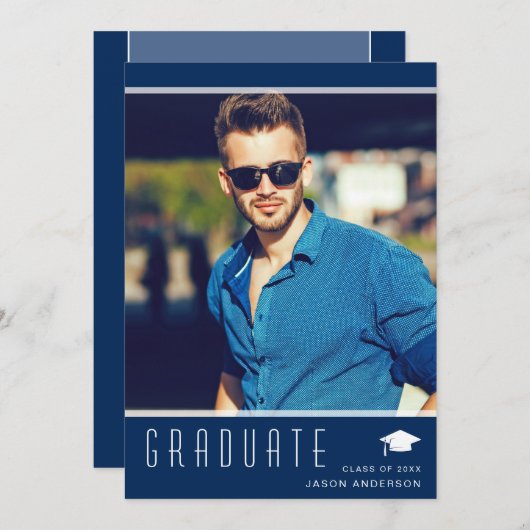 Modern Elegant Afstuderen stijlvol fotoblauw Aankondiging (Voorkant / Achterkant)