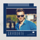 Modern Elegant Afstuderen stijlvol fotoblauw en wi Aankondiging (Voorkant / Achterkant)