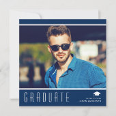 Modern Elegant Afstuderen stijlvol fotoblauw en wi Aankondiging (Voorkant)