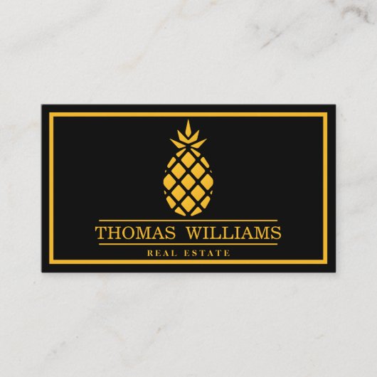 Modern Elegant Ananas Logo op zwarte achtergrond Visitekaartje (Voorkant)