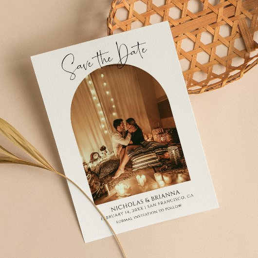 Modern Elegant Arch Foto White Boho Wedding Save The Date