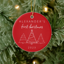 Modern Elegant Baby Eerste Kerstmis Foto Rood Keramisch Ornament