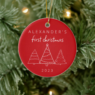 Modern Elegant Baby Eerste Kerstmis Foto Rood Keramisch Ornament