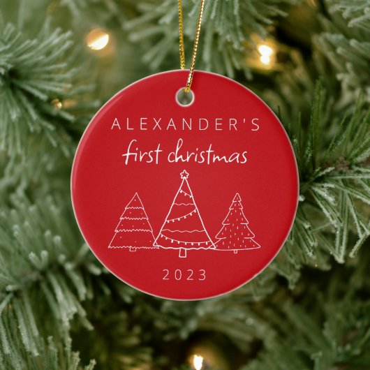 Modern Elegant Baby Eerste Kerstmis Foto Rood Keramisch Ornament (Boom)