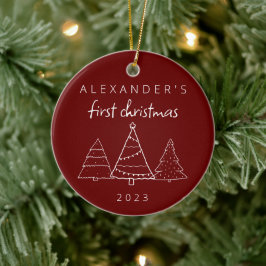Modern Elegant Baby Eerste Kerstmis Foto Rood Keramisch Ornament