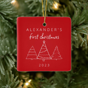 Modern Elegant Baby Eerste Rode Kerstfoto Keramisch Ornament