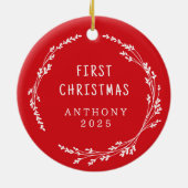 Modern Elegant Baby First Christmas Red Keramisch Ornament (Achterkant)