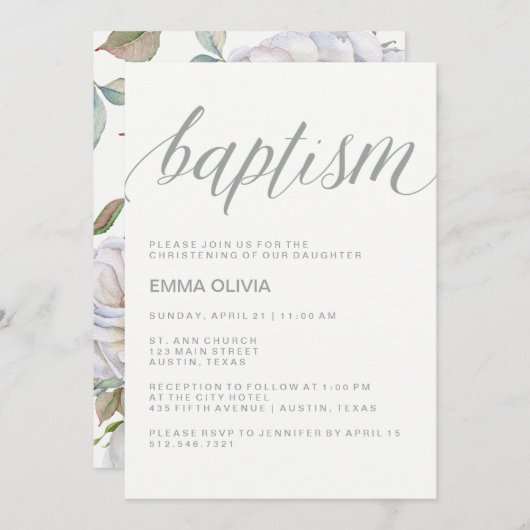 Modern Elegant Baptisme | Fijne bloemrug Kaart (Voorkant / Achterkant)