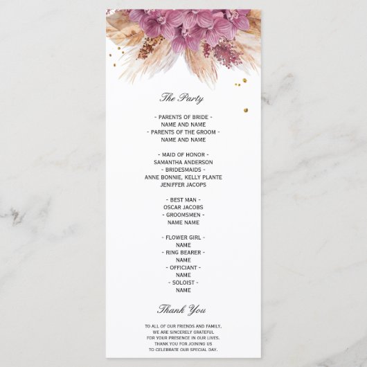 Modern Elegant Beauty Pink Orchid & Pampas & Gold Menu (Achterkant)